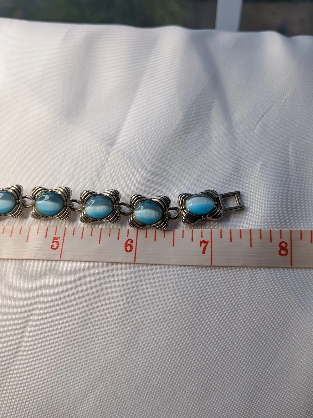 Vintage Silver Tone Aqua Blue Cats Eye Glass Oval Link Bracelet Foldover Clasp